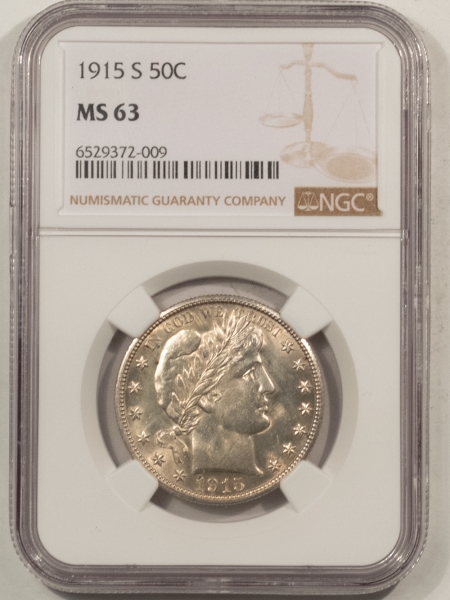 Barber Halves 1915-S BARBER HALF DOLLAR – NGC MS-63, ORIGINAL FLASHY WHITE & CHOICE!