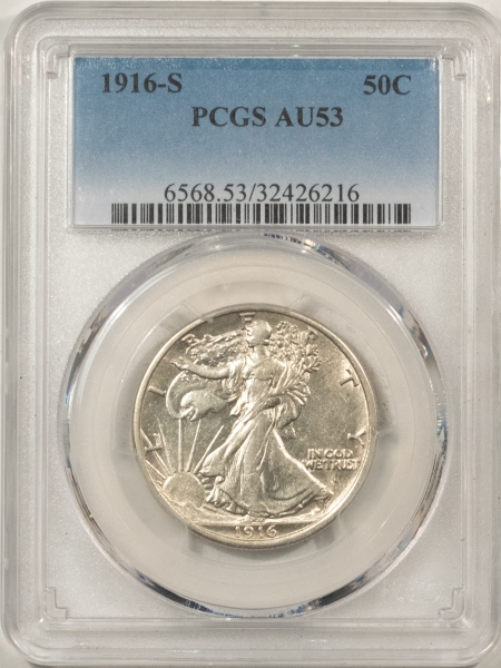 Half Dollars 1916-S WALKING LIBERTY HALF DOLLAR – PCGS AU-53, WHITE & FLASHY, LOOKS BETTER!