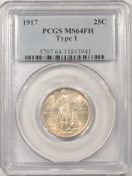 New Certified Coins 1917 TYPE 1 STANDING LIBERTY QUARTER – PCGS MS-64 FH ORIGINAL SATINY WHITE, NICE