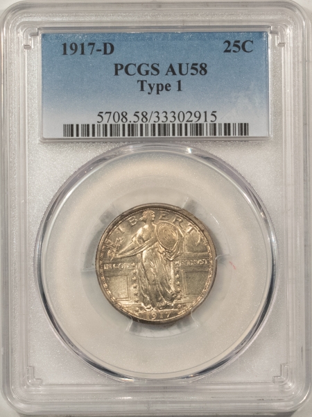 New Certified Coins 1917-D TYPE 1 STANDING LIBERTY QUARTER – PCGS AU-58, FRESH & PQ!