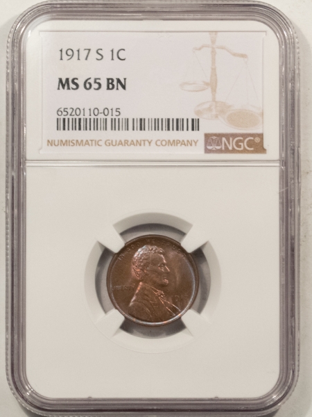 Lincoln Cents (Wheat) 1917-S LINCOLN CENT – NGC MS-65 BN, PRETTY GEM!