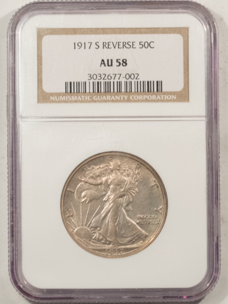 Half Dollars 1917-S REVERSE WALKING LIBERTY HALF DOLLAR – NGC AU-58, FRESH & ORIGINAL!