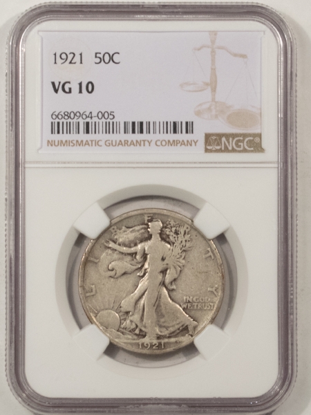 New Certified Coins 1921 WALKING LIBERTY HALF DOLLAR – NGC VG-10, ORIGINAL KEY DATE!