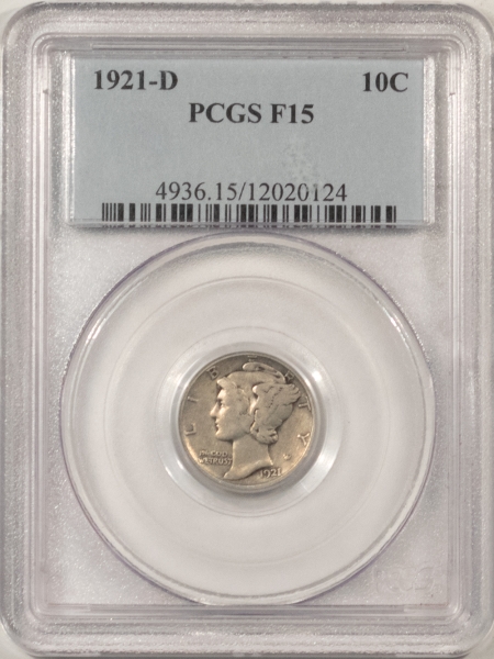 Mercury Dimes 1921-D MERCURY DIME – PCGS F-15, NICE ORIGINAL KEY-DATE!