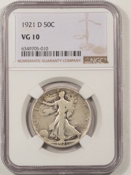 New Certified Coins 1921-D WALKING LIBERTY HALF DOLLAR – NGC VG-10, KEY DATE!