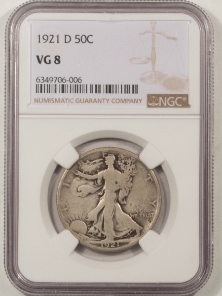 New Certified Coins 1921-D WALKING LIBERTY HALF DOLLAR – NGC VG-8, NICE, ORIGINAL KEY DATE!