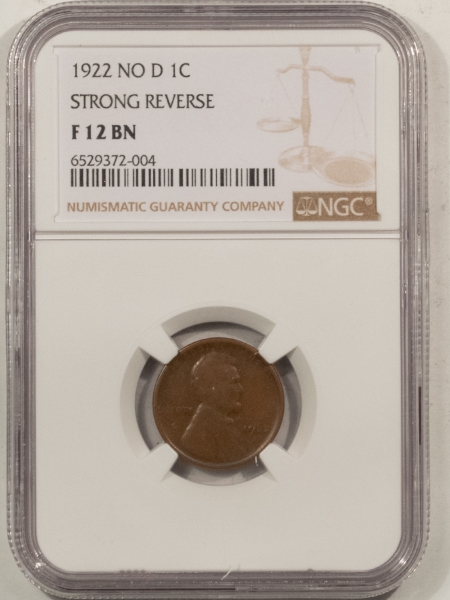 Lincoln Cents (Wheat) 1922 NO D LINCOLN CENT, STRONG REVERSE – NGC F-12 BN, PLEASING KEY-DATE! TOUGH!