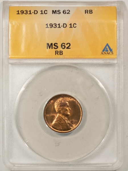 Lincoln Cents (Wheat) 1931-D LINCOLN CENT – ANACS MS-62 RB, LOTS OF RED! PREMIUM QUALITY!