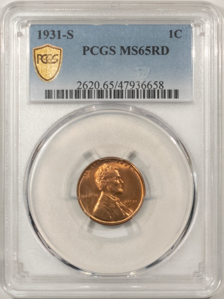 Lincoln Cents (Wheat) 1931-S LINCOLN CENT – PCGS MS-65 RD, SHIMMERING RED! PREMIUM QUALITY!