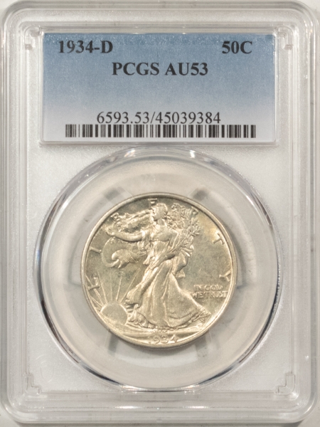 Half Dollars 1934-D WALKING LIBERTY HALF DOLLAR – PCGS AU-53, ORIGINAL W/ LUSTER