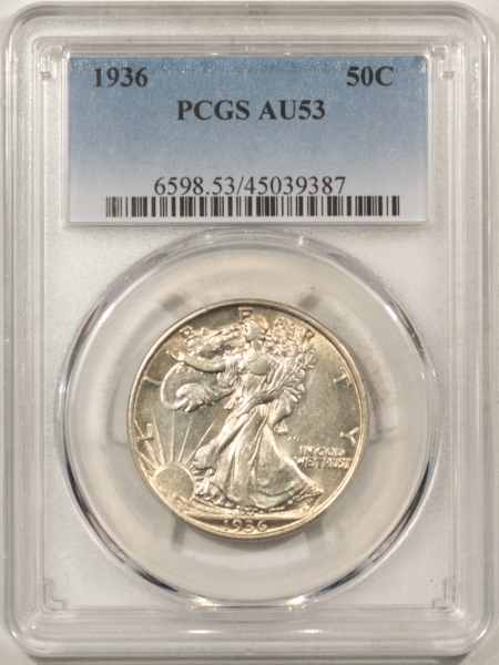 Half Dollars 1936 WALKING LIBERTY HALF DOLLAR – PCGS AU-53, LUSTROUS!