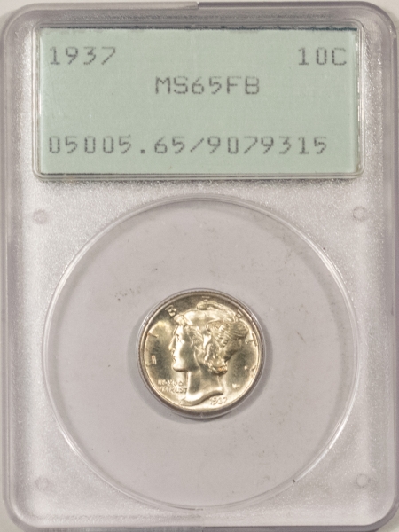 Mercury Dimes 1937 MERCURY DIME – PCGS MS-65 FB, RATTLER HOLDER, LOOKS 66+! PREMIUM QUALITY!