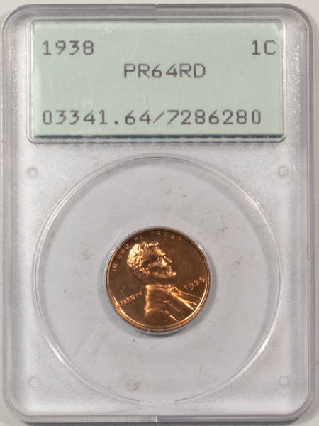 Lincoln Cents (Wheat) 1938 PROOF LINCOLN CENT – PCGS PR-64 RD, RATTLER! PREMIUM QUALITY!