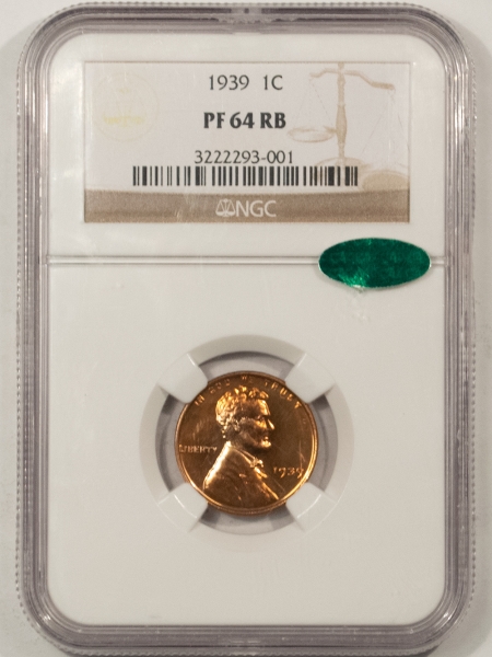 CAC Approved Coins 1939 PROOF LINCOLN CENT, NGC PF-64 RB, SUPER PREMIUM QUALITY! RED! CAC APPROVED!