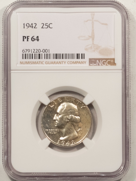 New Certified Coins 1942 PROOF WASHINGTON QUARTER – NGC PF-64, PLEASING ORIGINAL!