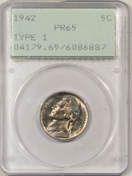 Jefferson Nickels 1942 PROOF JEFFERSON NICKEL, TYPE I – PCGS PR-65, RATTLER & PREMIUM QUALITY!