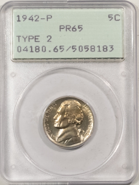 Jefferson Nickels 1942-P PROOF JEFFERSON NICKEL, TYPE 2 – PCGS PR-65, RATTLER & PREMIUM QUALITY!