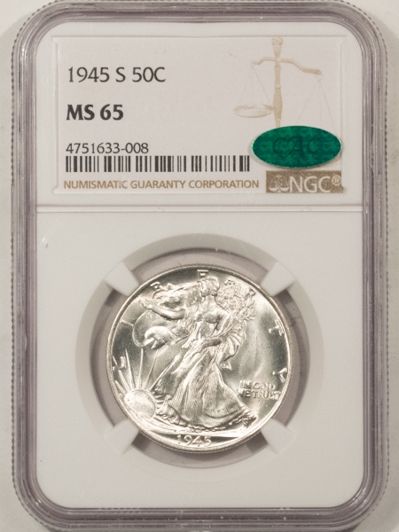 CAC Approved Coins 1945-S WALKING LIBERTY HALF DOLLAR – NGC MS-65, BLAST WHITE, PQ & CAC APPROVED!