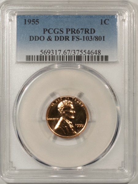 Lincoln Cents (Wheat) 1955 PROOF LINCOLN CENT, DDO & DDR FS-103/801 – PCGS PR-67 RD, COOL VARIETY!