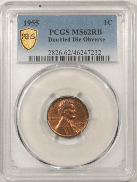 Lincoln Cents (Wheat) 1955 DOUBLED DIE OBVERSE LINCOLN CENT PCGS MS-62 RB, ORIGINAL LOTS OF RED! NICE!