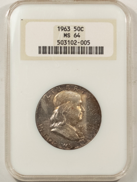 Franklin Halves 1963 FRANKLIN HALF DOLLAR – NGC MS-64, PRETTY MINT SET TONING, FATTY, PQ!