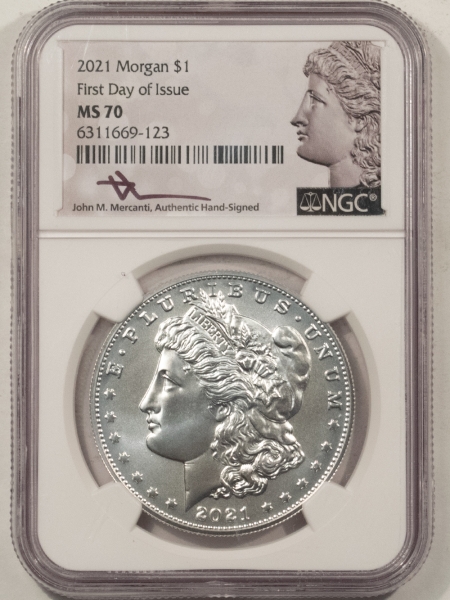 Modern Commems 2021 COMMEMORATIVE MORGAN DOLLAR, FIRST DAY OF ISSUE NGC MS-70, MERCANTI SIGNED!