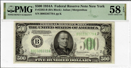 New Store Items 1934-A $500 FEDERAL RESERVE NOTE, B-NEW YORK; FR-2202-B, PMG-58 EPQ.