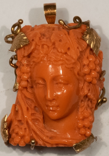 Jewelry BEAUTIFUL VICTORIAN-PERIOD 14 KT GOLD & CARVED RED CORAL “WINE GODDESS” BROOCH