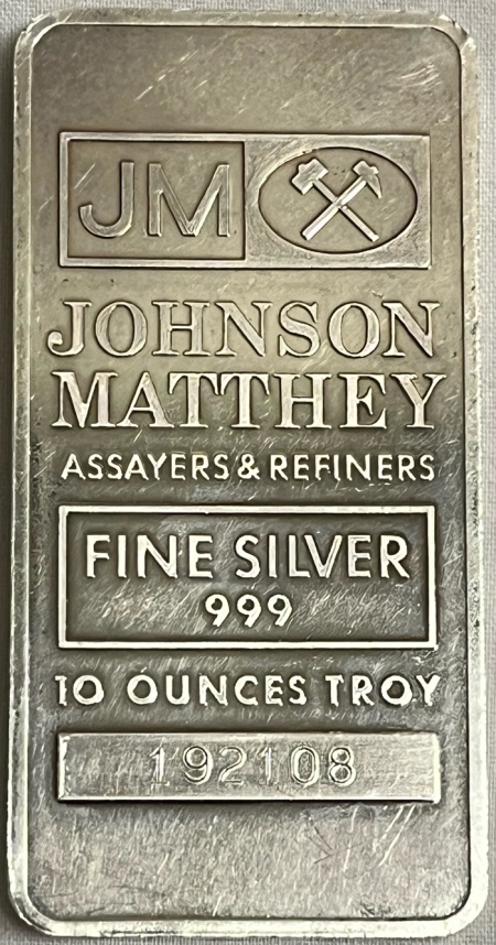 New Store Items 10 OZ .999 FINE SILVER JM SILVER BAR SERIAL #192108