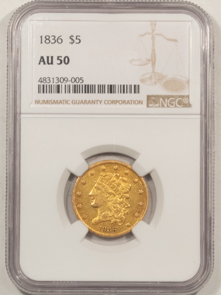 $5 1836 $5 CLASSIC HEAD GOLD – NGC AU-50, NICE PLEASING COLOR!