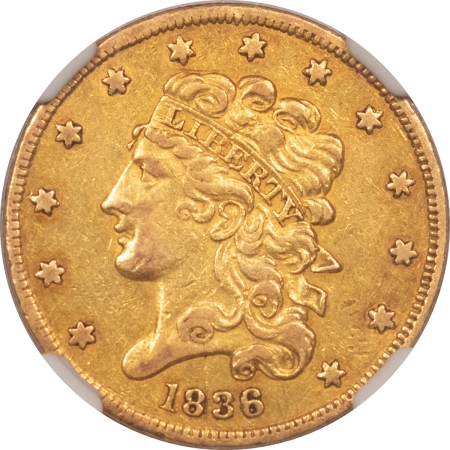 $5 1836 $5 CLASSIC HEAD GOLD – NGC AU-50, NICE PLEASING COLOR!