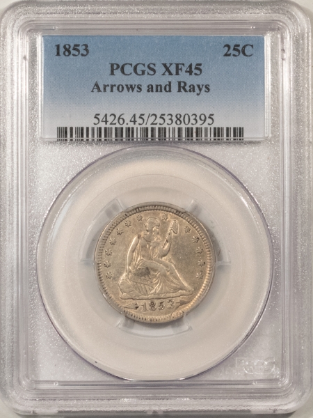 Liberty Seated Quarters 1853 SEATED LIBERTY QUARTER, ARROWS & RAYS – PCGS XF-45, NICE TYPE COIN!!