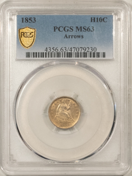 Liberty Seated Half Dimes 1853 SEATED LIBERTY HALF DIME, ARROWS – PCGS MS-63, FRESH & CHOICE!