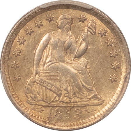 Liberty Seated Half Dimes 1853 SEATED LIBERTY HALF DIME, ARROWS – PCGS MS-63, FRESH & CHOICE!