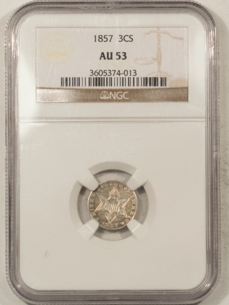 New Certified Coins 1857 THREE CENT SILVER – NGC AU-53, PRETTY!