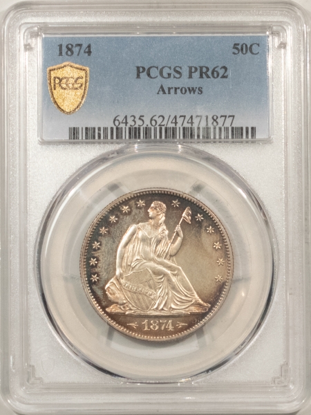 Liberty Seated Halves 1874 PROOF SEATED LIBERTY HALF DOLLAR, ARROWS – PCGS PR-62, PRETTY!