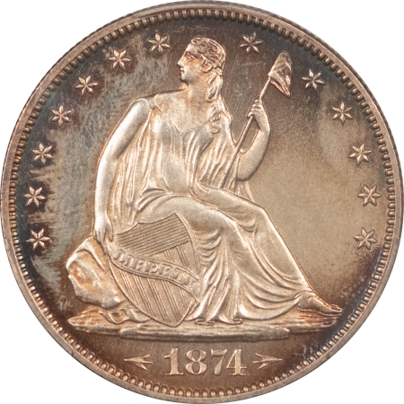 Liberty Seated Halves 1874 PROOF SEATED LIBERTY HALF DOLLAR, ARROWS – PCGS PR-62, PRETTY!