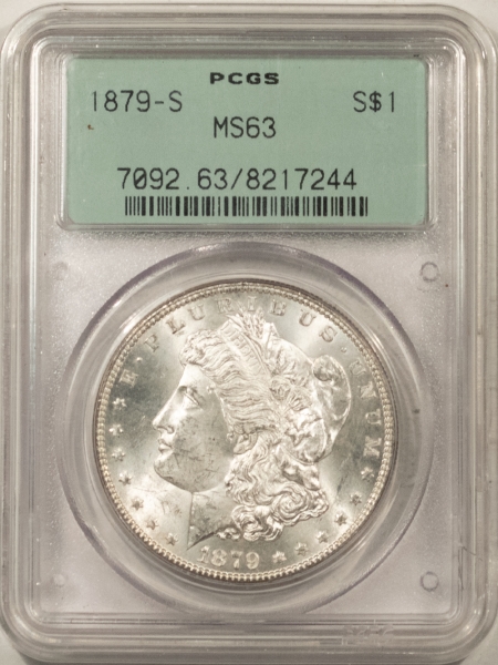 Morgan Dollars 1879-S MORGAN DOLLAR – PCGS MS63, BLAST WHITE, PQ++! TWO PIECE RATTLER HOLDER!