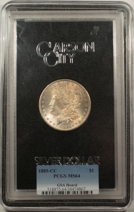 Dollars 1885-CC MORGAN DOLLAR GSA – PCGS MS-64, W/ BOX & CARD, BLAST WHITE CARSON CITY!