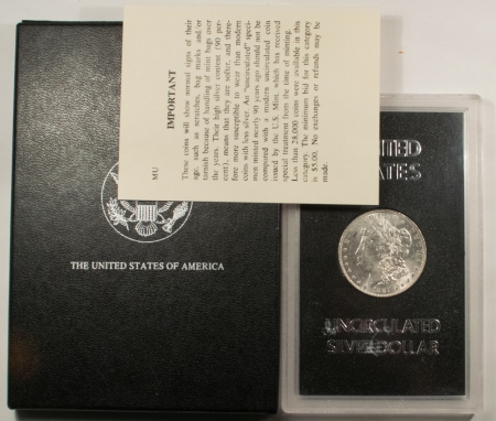 Dollars 1887 MORGAN DOLLAR GSA – CHOICE UNCIRCULATD W/ BOX & RARE MU CARD, TOUGH NON CC