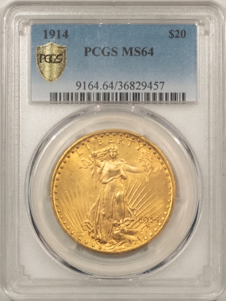 $20 1914 $20 ST GAUDENS GOLD – PCGS MS-64, TOUGH DATE! ORIGNAL & NEAR GEM!