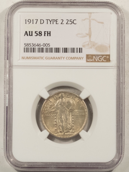 New Certified Coins 1917-D STANDING LIBERTY QUARTER, TYPE II – NGC AU-58 FH, NICE ORIGINAL