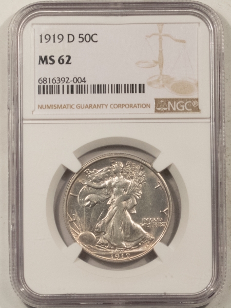 Half Dollars 1919-D WALKING LIBERTY HALF DOLLAR – NGC MS-62, WHITE & WELL STRUCK, RARE!