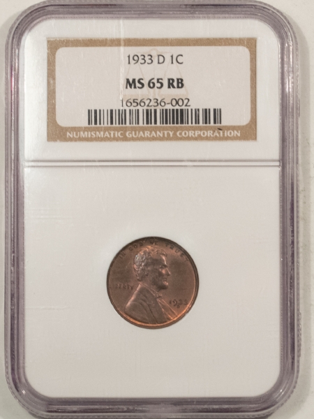 Lincoln Cents (Wheat) 1933-D LINCOLN CENT – NGC MS-65 RB, GEM!