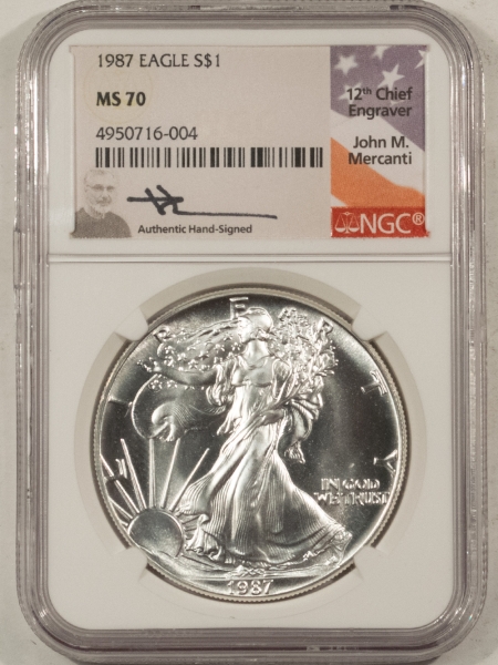 American Silver Eagles 1987 $1 AMERICAN SILVER EAGLE – NGC MS-70, JOHN M. MERCANTI HAND SIGNED!