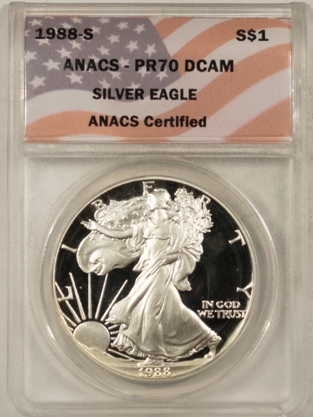 American Silver Eagles 1988-S PROOF $1 AMERICAN SILVER EAGLE – ANACS PR-70 DCAM