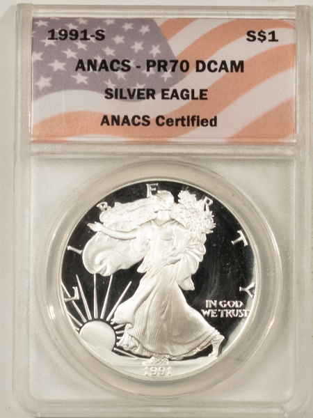 American Silver Eagles 1991-S PROOF $1 AMERICAN SILVER EAGLE – ANACS PR-70 DCAM