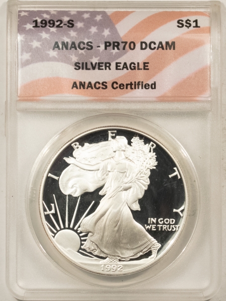 American Silver Eagles 1992-S PROOF $1 AMERICAN SILVER EAGLE – ANACS PR-70 DCAM