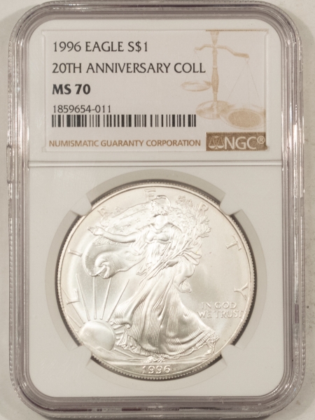 American Silver Eagles 1996 $1 AMERICAN SILVER EAGLE, 20TH ANNIVERSARY COLLECTION – NGC MS-70