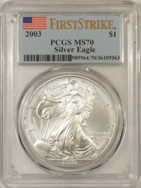 American Silver Eagles 2003 $1 AMERICAN SILVER EAGLE – PCGS MS-70, FIRST STRIKE! FLAG HOLDER!